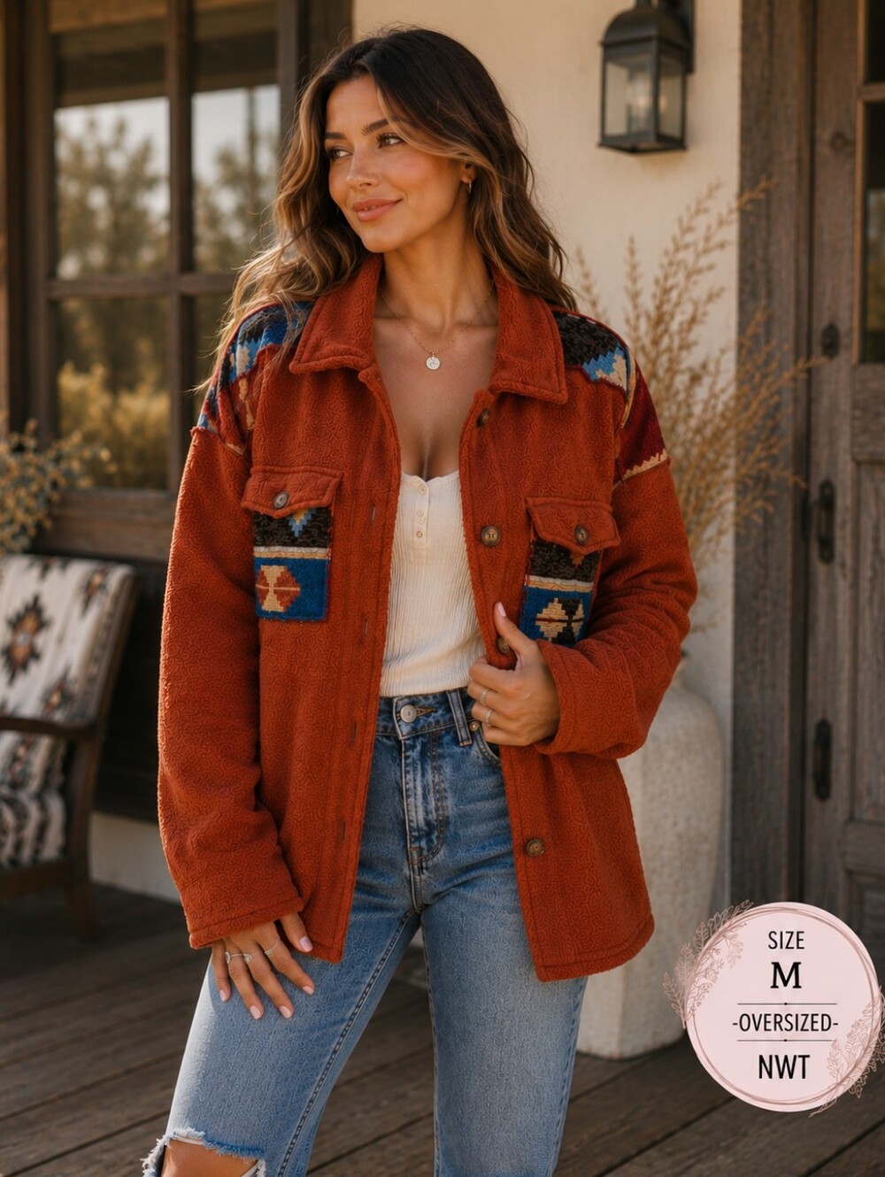 Easel NWT Rust Brown Aztec Fleece Shirt Jacket Shacket Size M Boho Western